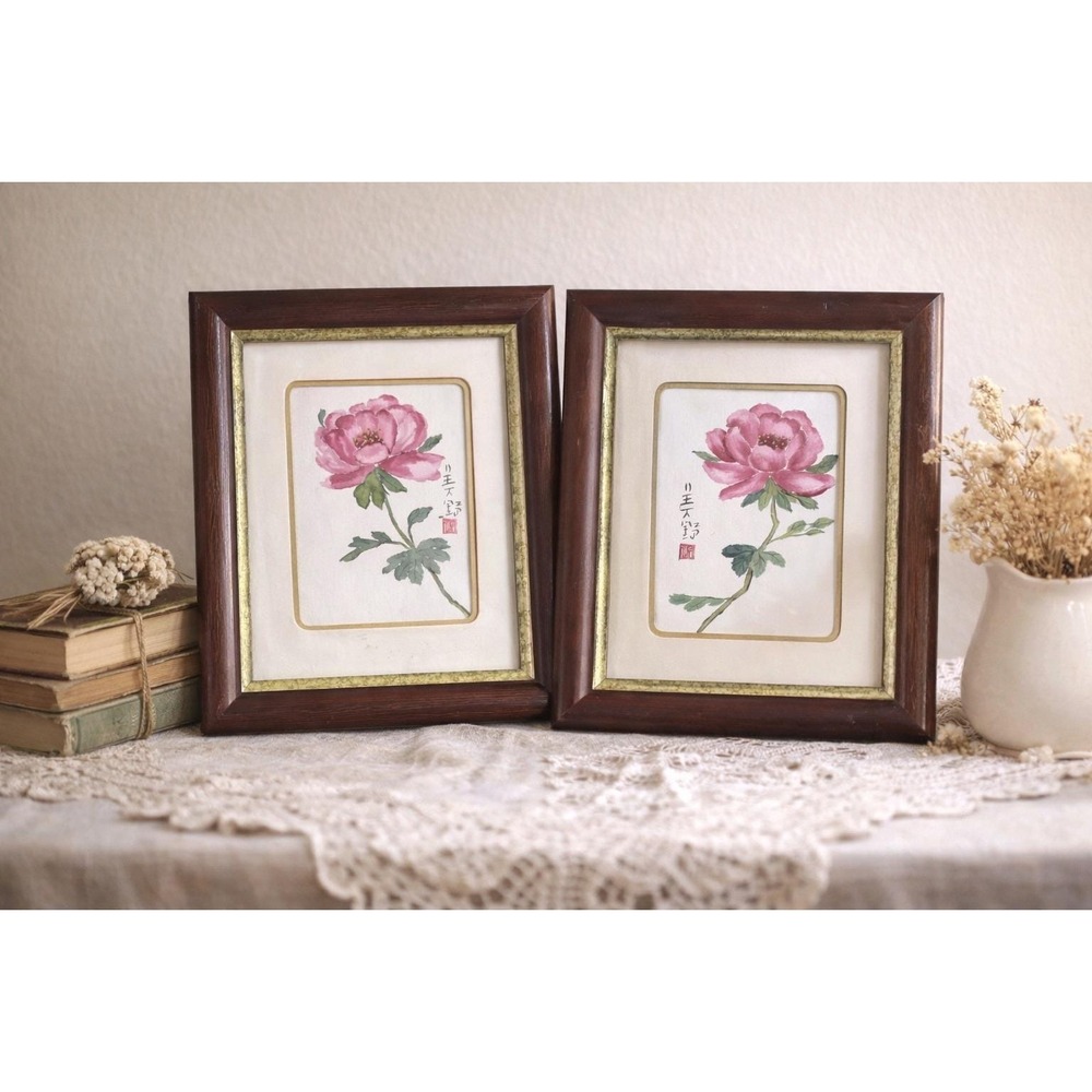 2 VTG Chinese Watercolor Peony Paintings Wang Tian Yin Framed Botanical Wall Art